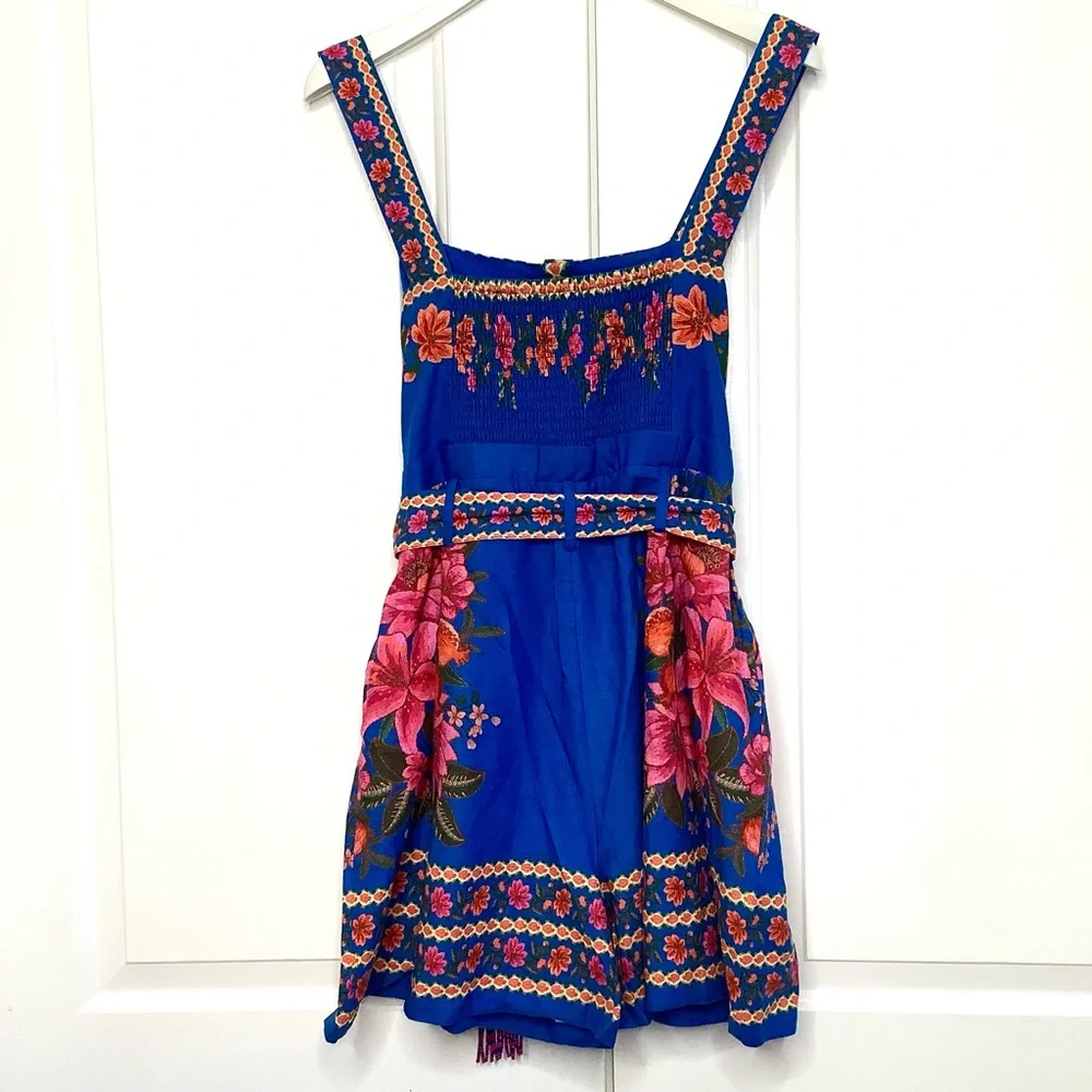 FARM RIO Blue Summer Fruit Scarf Romper
 FloraL Square Neck Wide Straps Beading - Picture 12 of 16